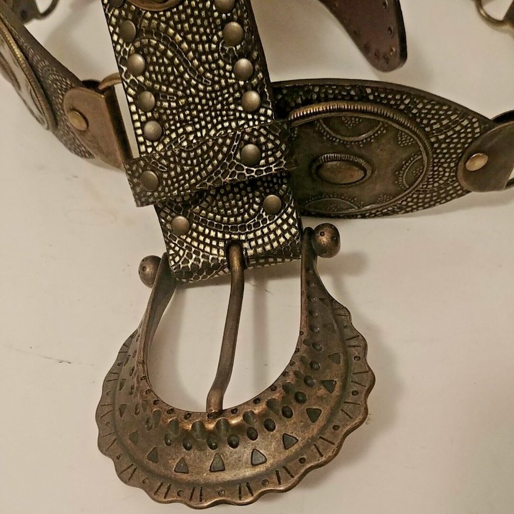 Vtg  Nanni Linked Belt Italian Silver Dotted Leather Heavy Bronze Accents 85/34